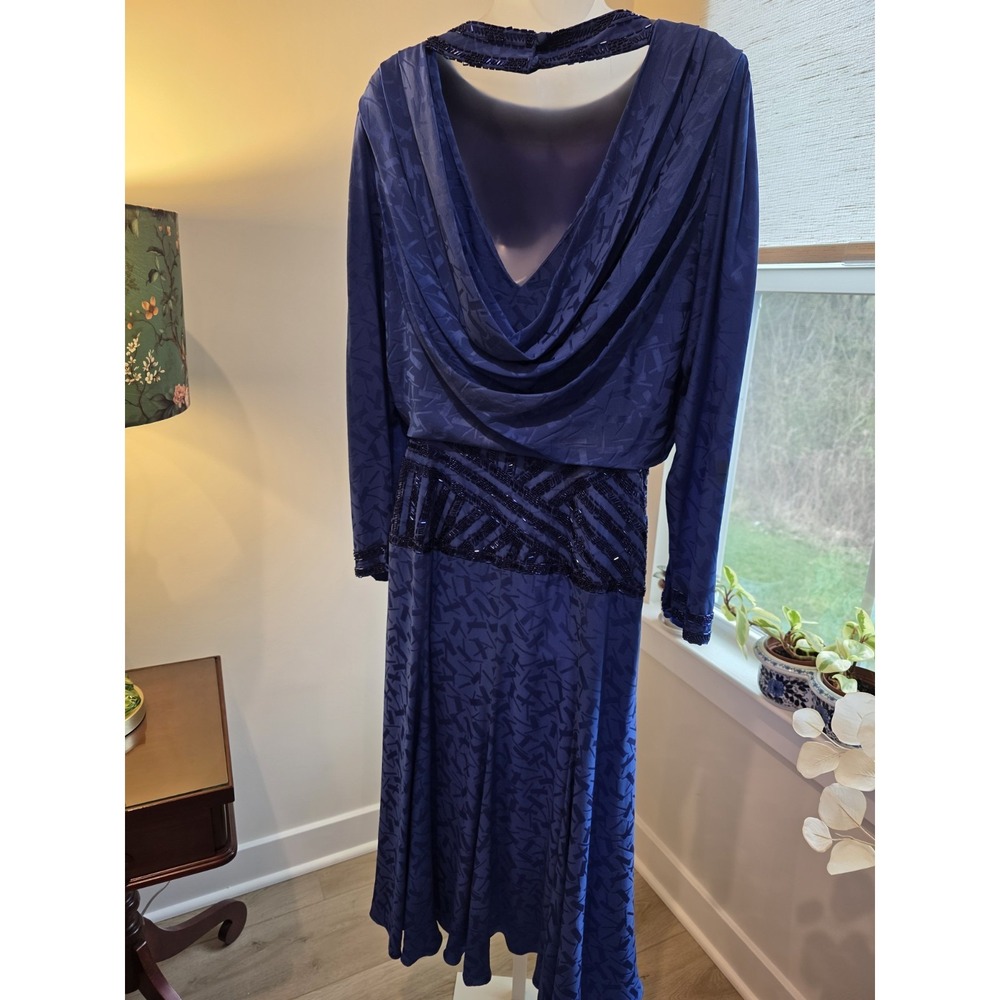 Vintage 80s Satin Print Royal Blue Maxi Cocktail Dress Open Back Sz.8/10 (M) - Picture 10 of 15